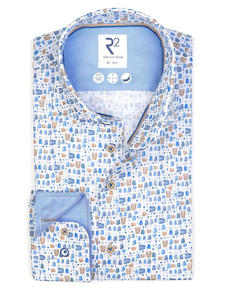 r2 amsterdam Extra lange mouwen. Cups print dobby katoen overhemd