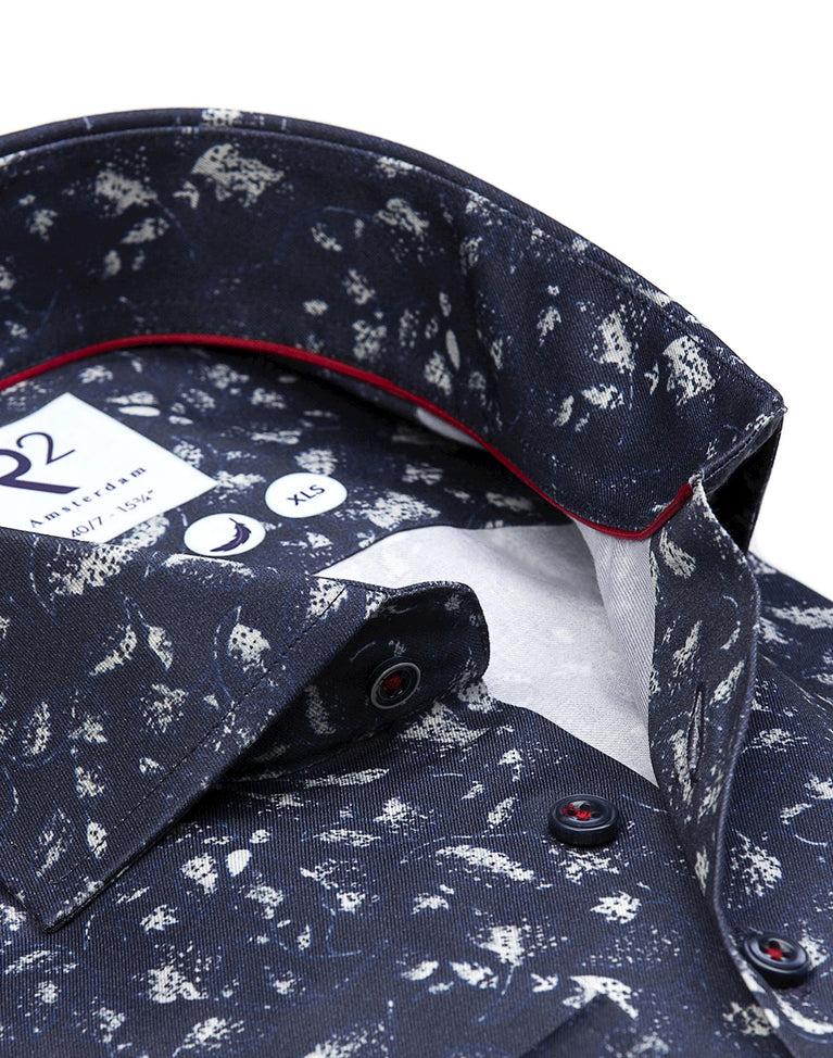 R2 Amsterdam Extra Lange Mouwen. Donkerblauw Geprint 2 PLY Katoenen Overhemd