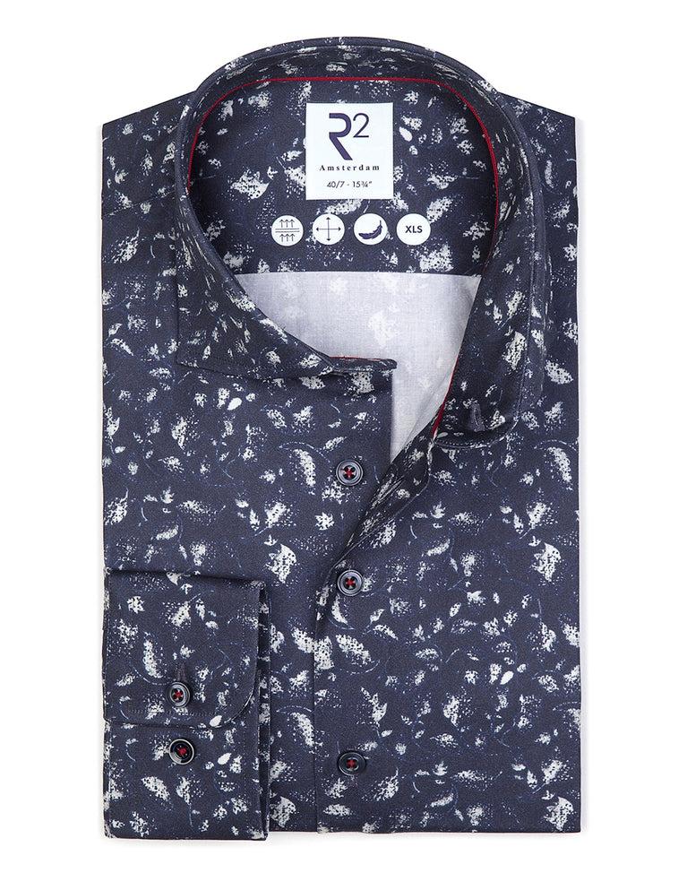 r2 amsterdam Extra lange mouwen. Donkerblauw geprint 2 PLY katoenen overhemd
