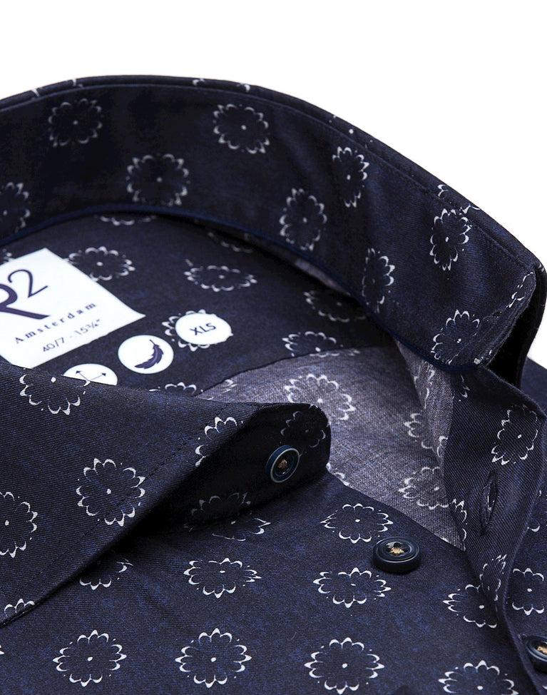R2 Amsterdam Extra Lange Mouwen. Donkerblauw Katoenen Overhemd Met Bloemenprint