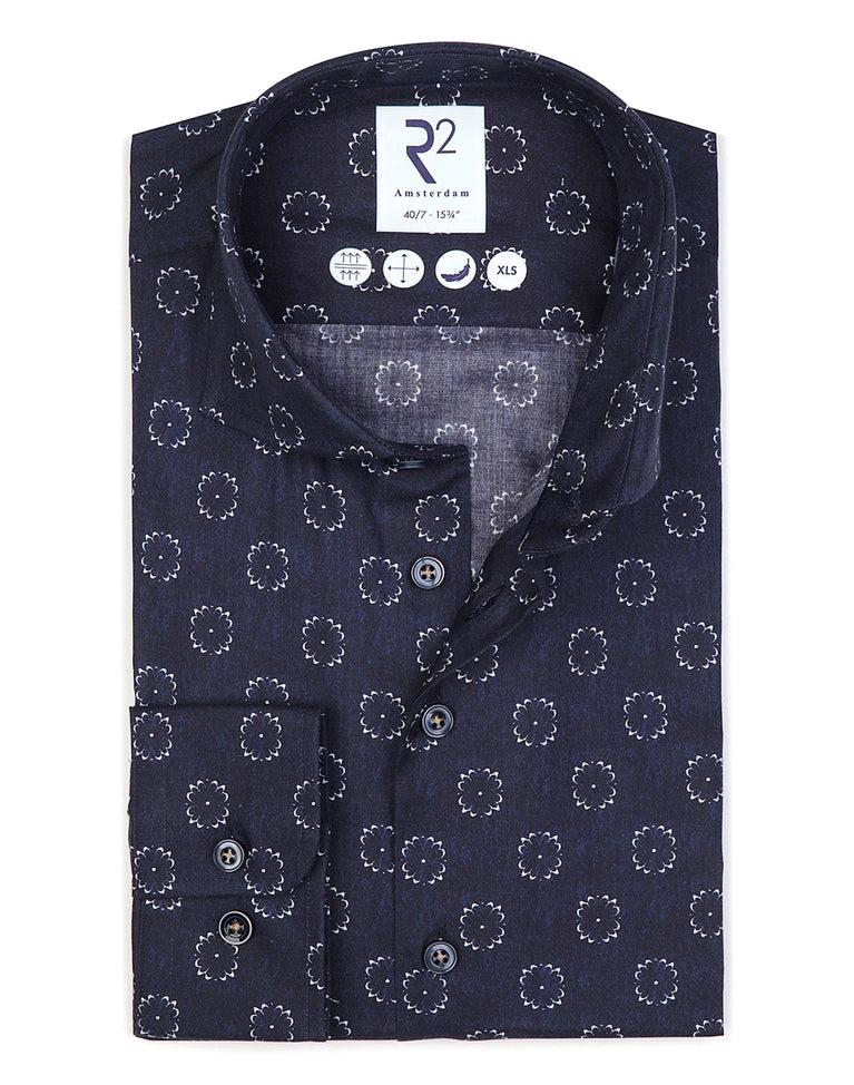 r2 amsterdam Extra lange mouwen. Donkerblauw katoenen overhemd met bloemenprint