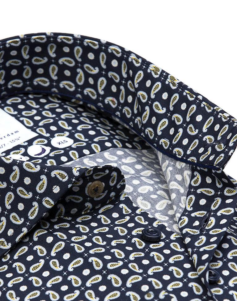 R2 Amsterdam Extra Lange Mouwen. Donkerblauw Paisleyprint Katoenen Overhemd