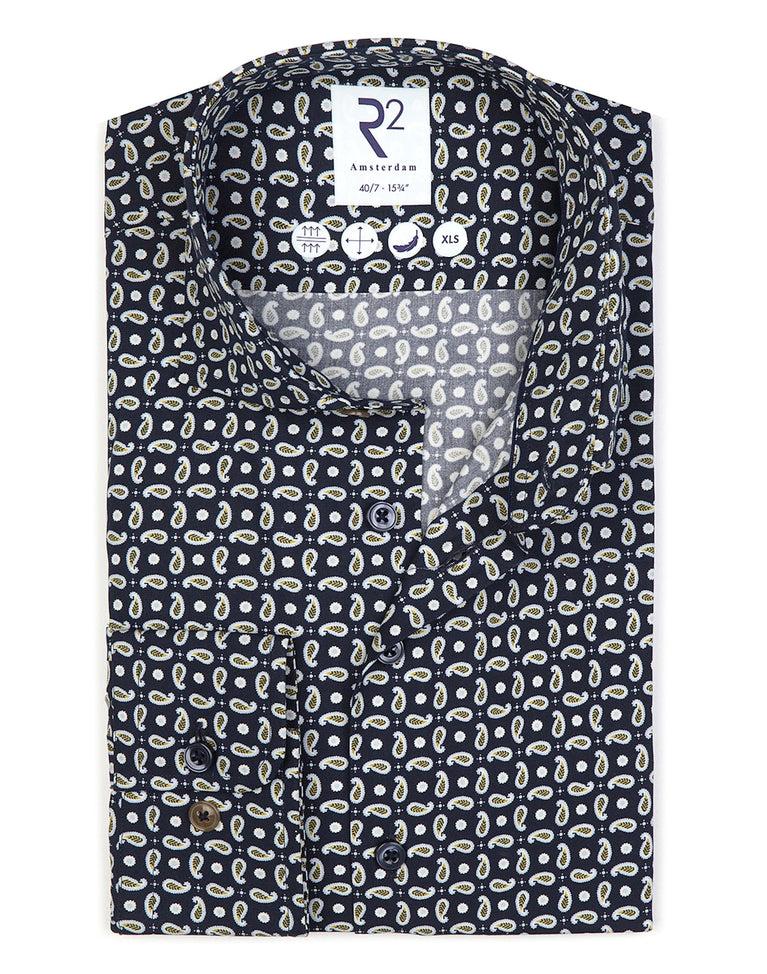 r2 amsterdam Extra lange mouwen. Donkerblauw paisleyprint katoenen overhemd