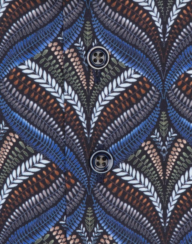 R2 Amsterdam Extra Lange Mouwen. Donkerblauw Plantenprint Katoenen Stretch Overhemd