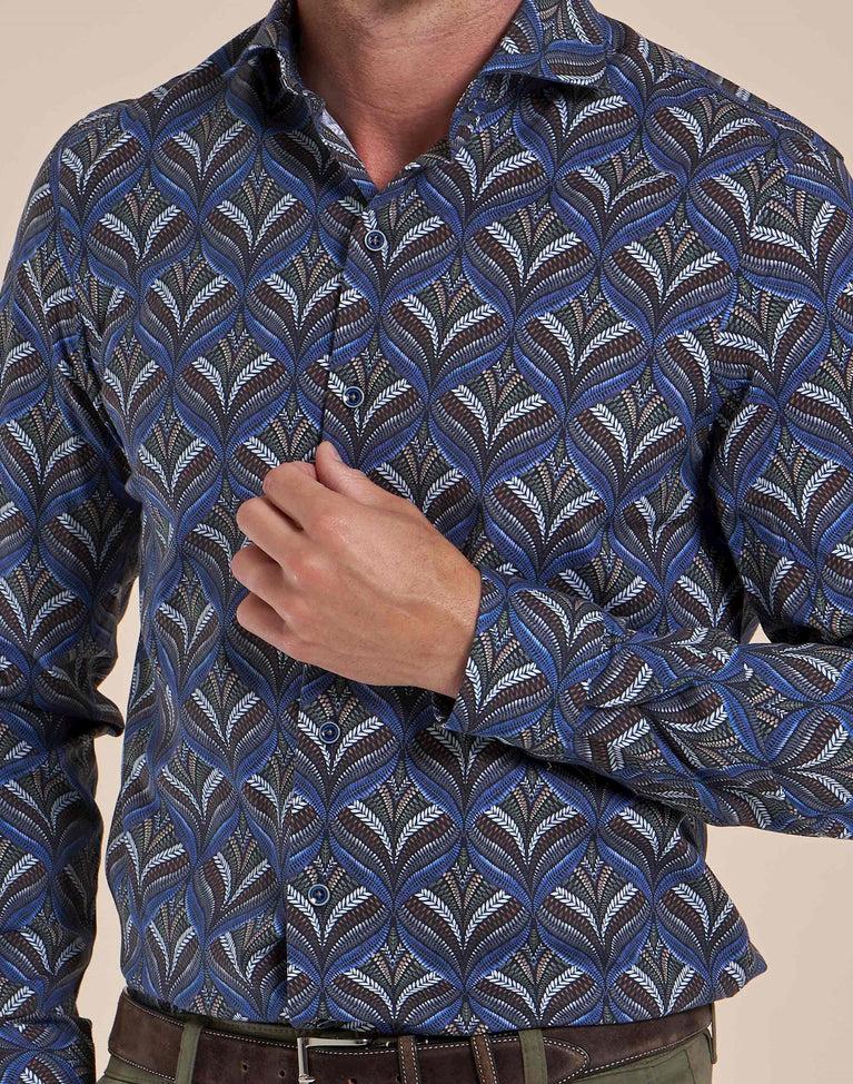 R2 Amsterdam Extra Lange Mouwen. Donkerblauw Plantenprint Katoenen Stretch Overhemd