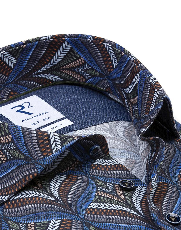 R2 Amsterdam Extra Lange Mouwen. Donkerblauw Plantenprint Katoenen Stretch Overhemd