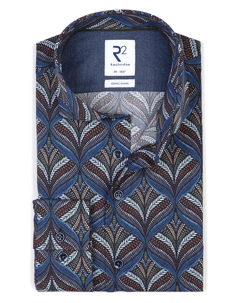 r2 amsterdam Extra lange mouwen. Donkerblauw plantenprint katoenen stretch overhemd