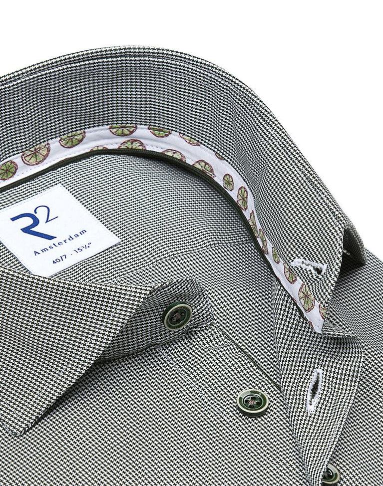 R2 Amsterdam Extra Lange Mouwen. Donkergroen Pied De Poule 2 PLY Katoenen Overhemd