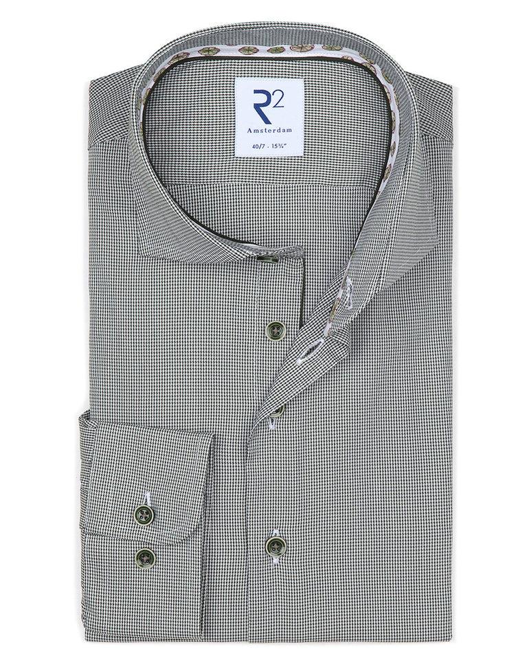 R2 Amsterdam Extra Lange Mouwen. Donkergroen Pied De Poule 2 PLY Katoenen Overhemd
