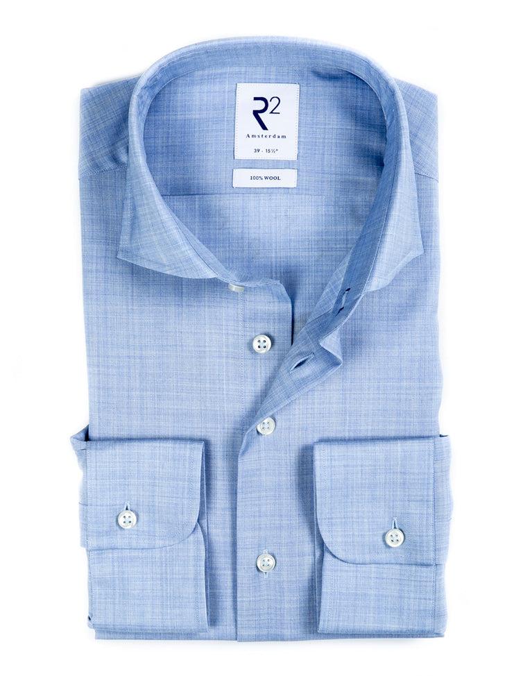 r2 amsterdam Extra lange mouwen. Lichtblauw 100% wol overhemd