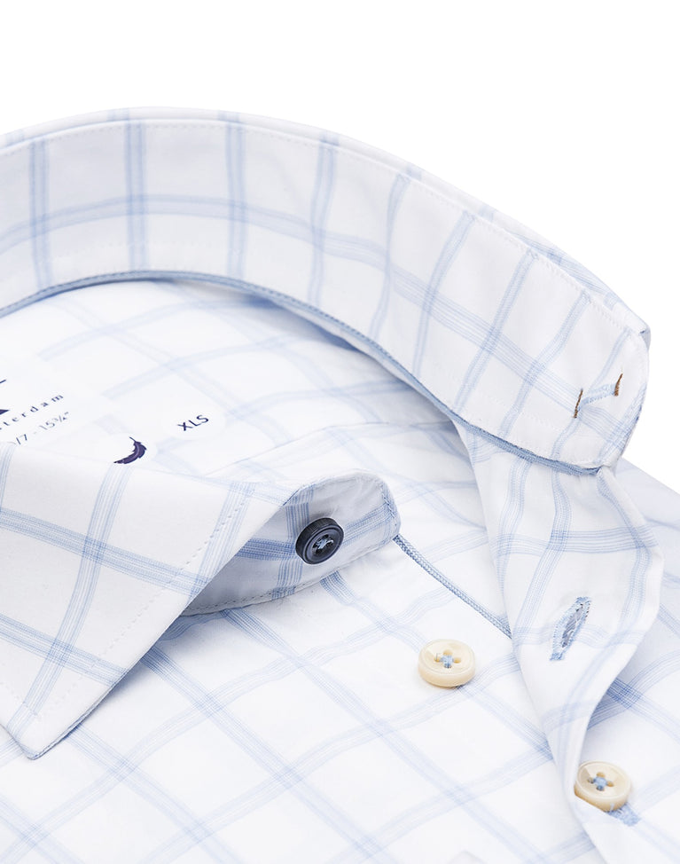 R2 Amsterdam Extra Lange Mouwen. Lichtblauw Geruit Met Geborduurde Palmbomen Katoenen Overhemd