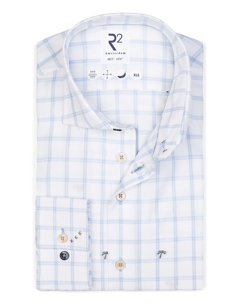 r2 amsterdam Extra lange mouwen. Lichtblauw geruit met geborduurde palmbomen katoenen overhemd