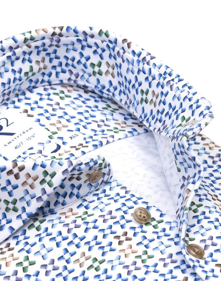 R2 Amsterdam Extra Lange Mouwen. Multicolour Cup Print 4-way Stretch Overhemd