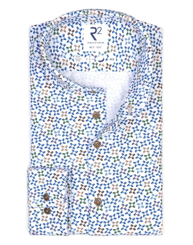 r2 amsterdam Extra lange mouwen. Multicolour cup print 4-way stretch overhemd