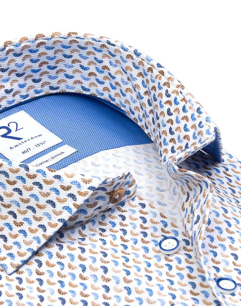 R2 Amsterdam Extra Lange Mouwen. Multicolour Dobby Katoenen Overhemd Met Grafische Print