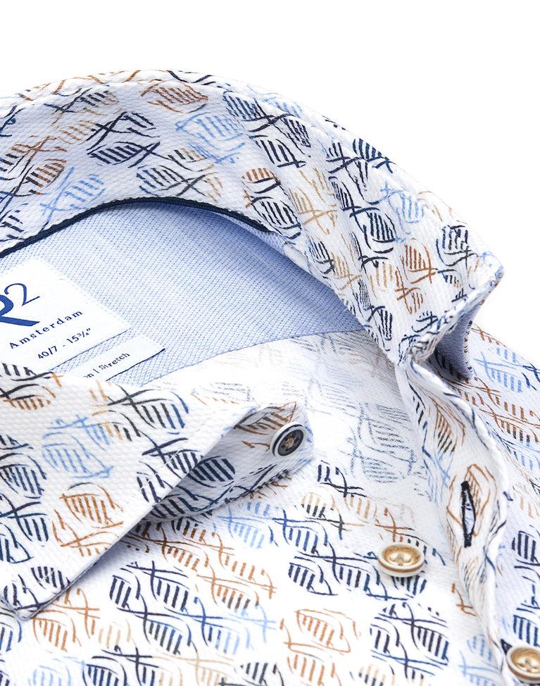 R2 Amsterdam Extra Lange Mouwen. Multicolourd Twisterprint Dobby Katoen Overhemd