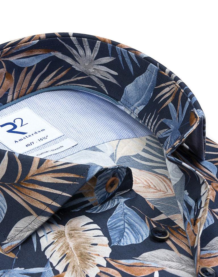 R2 Amsterdam Extra Lange Mouwen. Overhemd Met Multicolour Bladmotieven