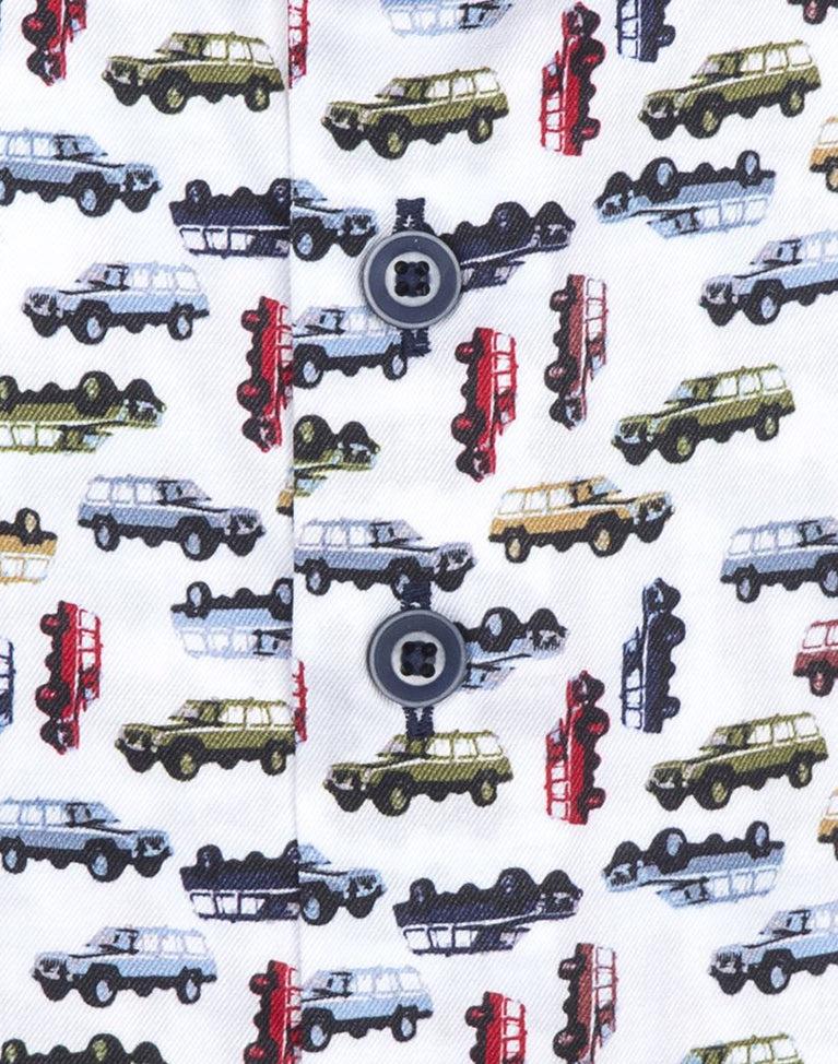 R2 Amsterdam Extra Lange Mouwen. Wit Jeep Wagoneer Print 2 PLY Katoen Overhemd