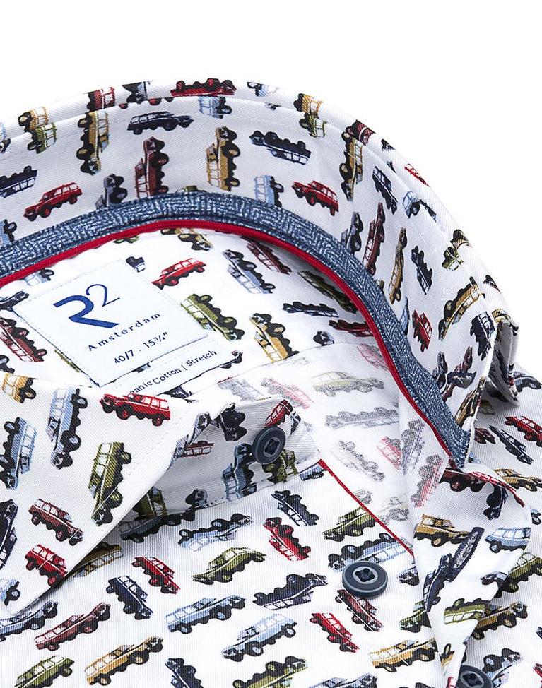 R2 Amsterdam Extra Lange Mouwen. Wit Jeep Wagoneer Print 2 PLY Katoen Overhemd