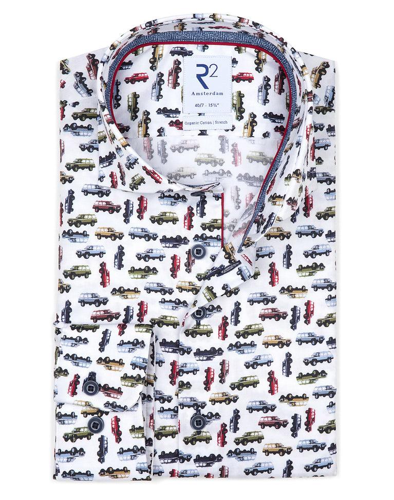 R2 Amsterdam Extra Lange Mouwen. Wit Jeep Wagoneer Print 2 PLY Katoen Overhemd