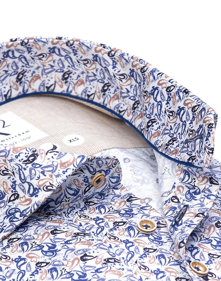 R2 Amsterdam Extra Lange Mouwen. Wit Paisleyprint 2 PLY Katoenen Overhemd