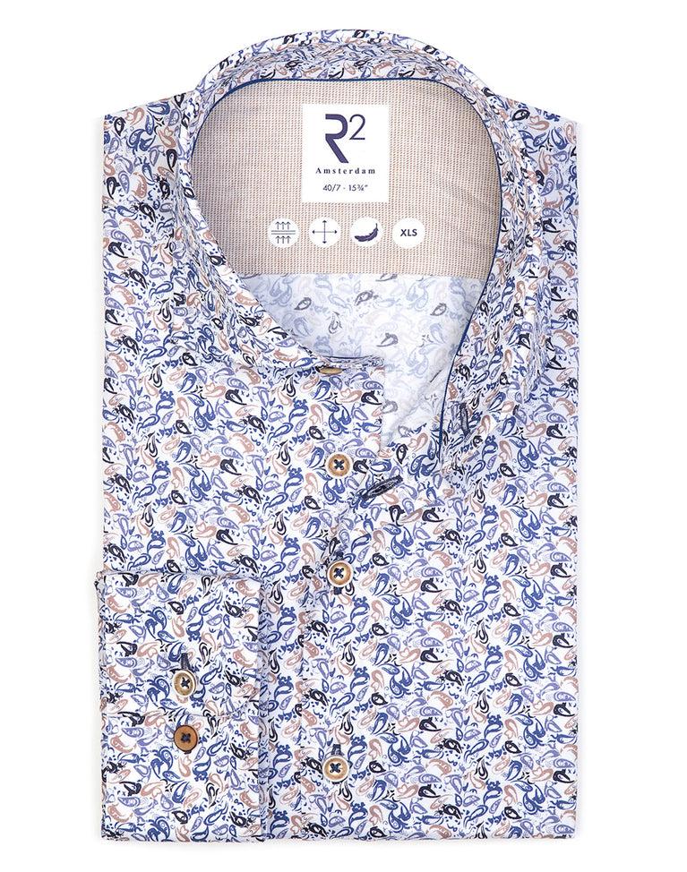 R2 Amsterdam Extra Lange Mouwen. Wit Paisleyprint 2 PLY Katoenen Overhemd