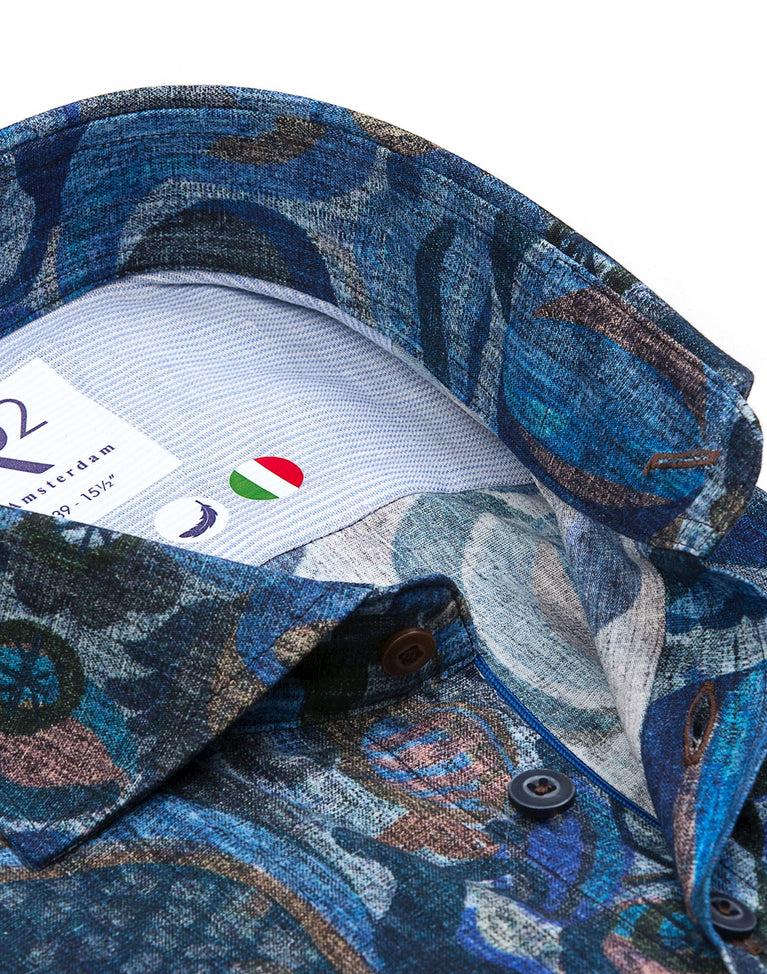 R2 Amsterdam Korte Mouwen Luchtballonprint Stretch Overhemd