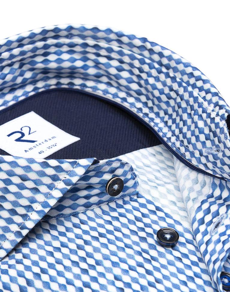 R2 Amsterdam Blauwe Print Stretch Overhemd