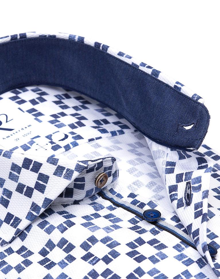 R2 Amsterdam Kofferprint Dobby Katoenen Overhemd