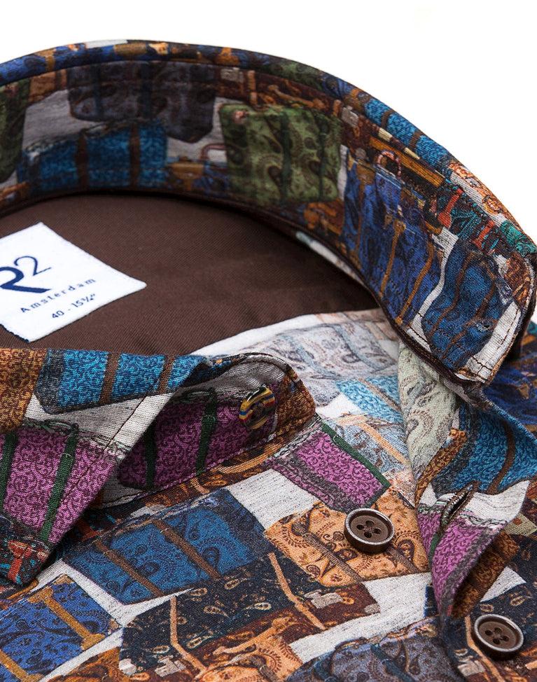 R2 Amsterdam Kofferprint Stretch Overhemd