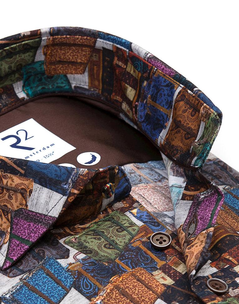 R2 Amsterdam Kofferprint Stretch Overhemd