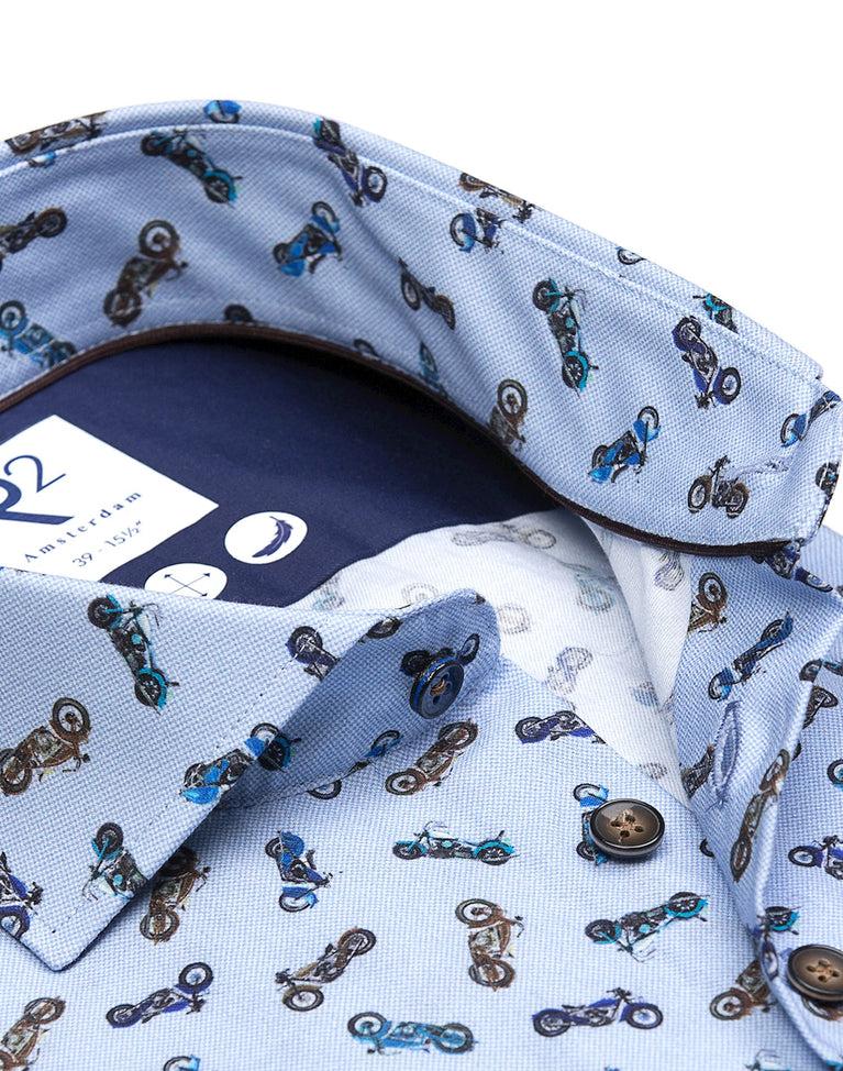 R2 Amsterdam Motorprint Dobby Katoenen Overhemd