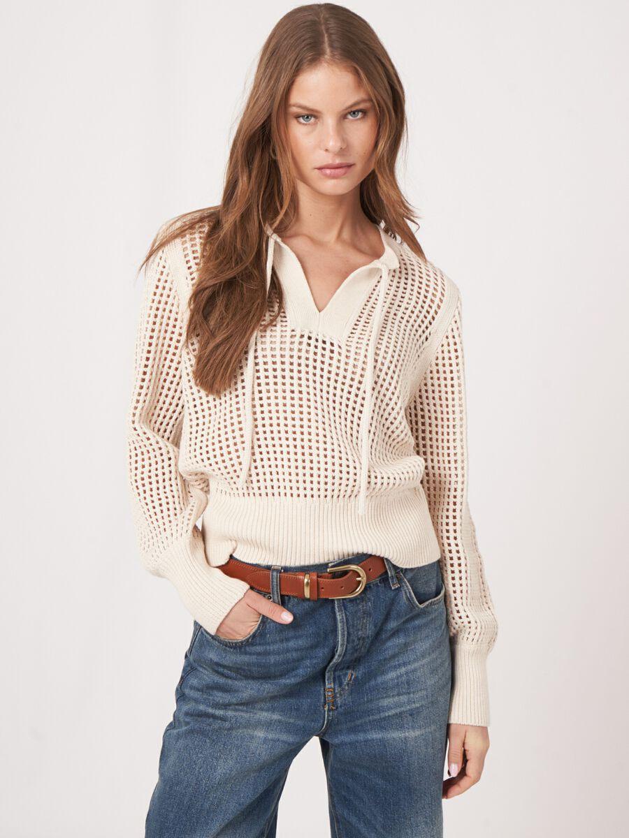 repeat cashmere Ajour trui van zuiver katoen met strikkoord