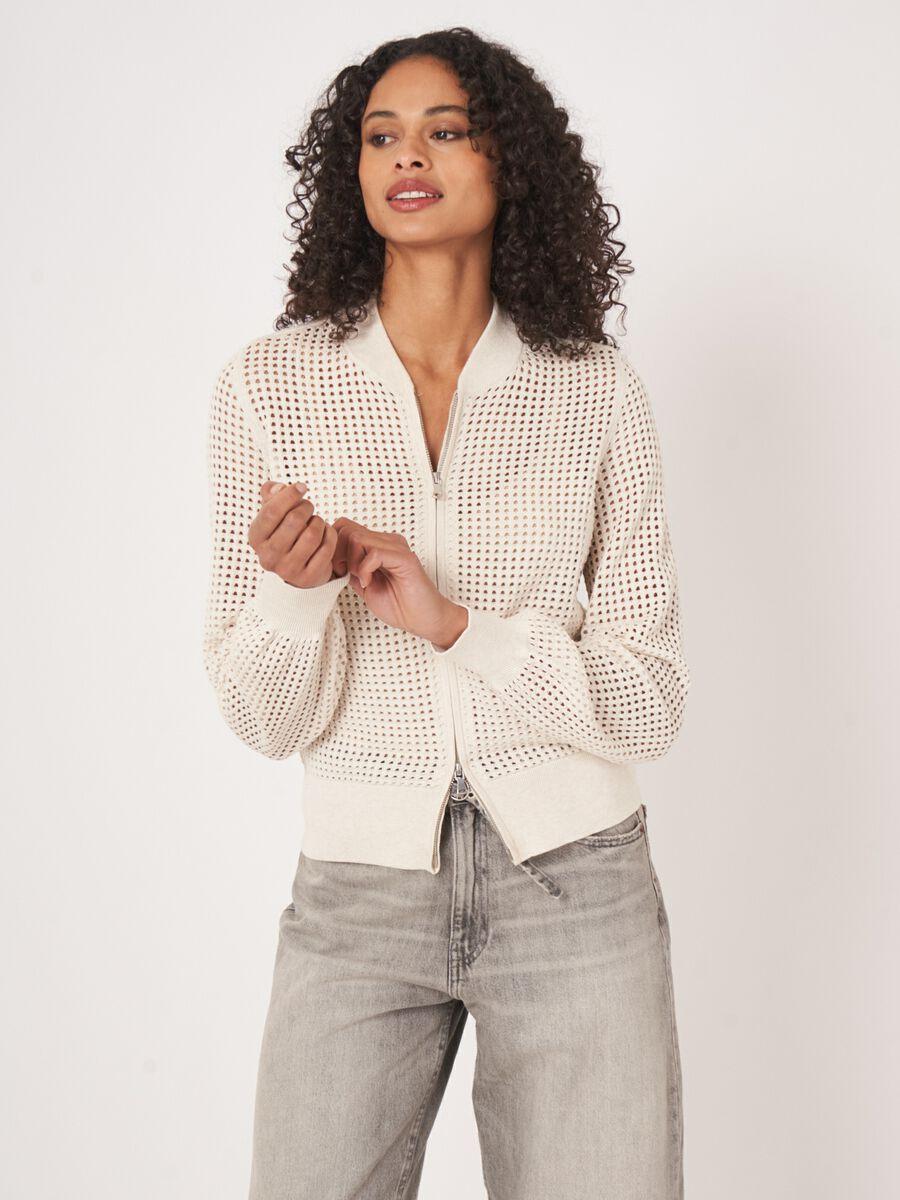 repeat cashmere Ajour vest met baseball-kraag en rits