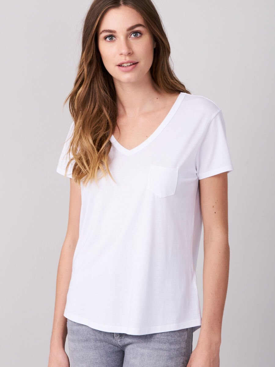 repeat cashmere Basic dames T-shirt met V-hals en borstzak