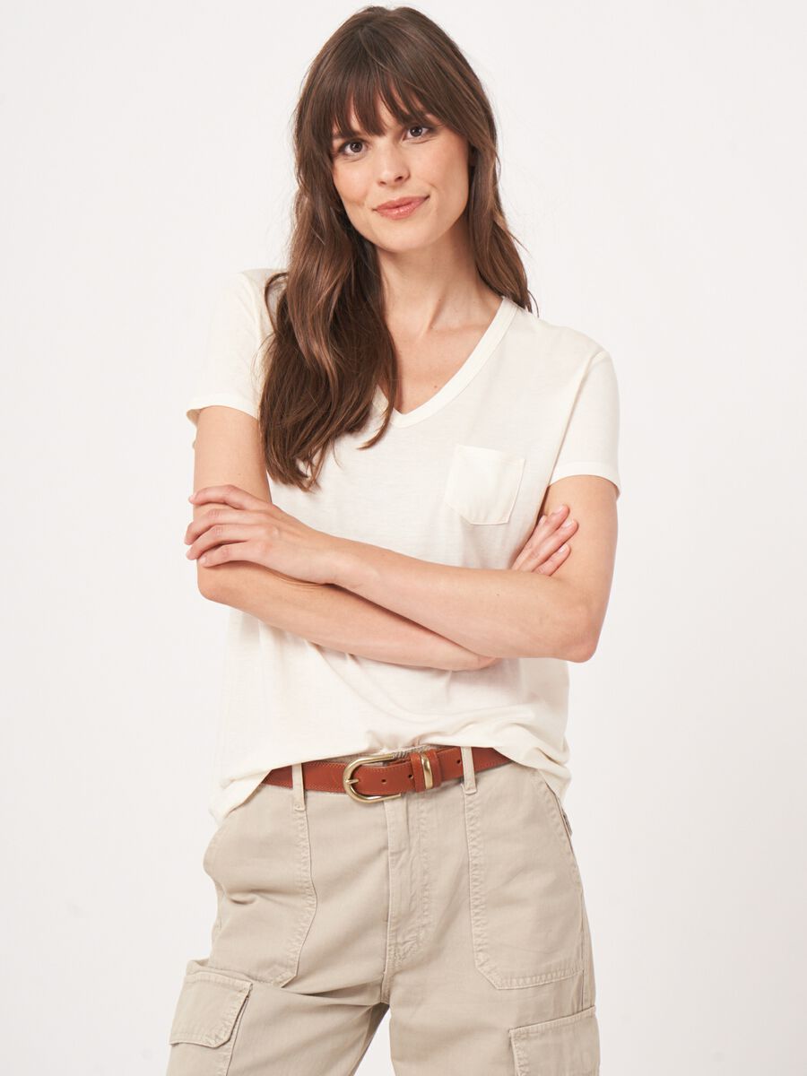 Repeat Cashmere Basic Dames T-shirt Met V-hals En Borstzak