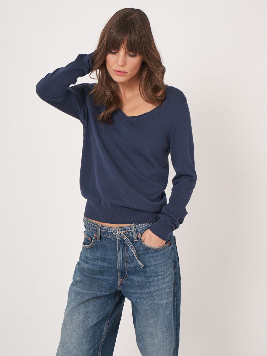 Repeat Cashmere Basic Fijngebreide V-hals Trui In Katoenmix