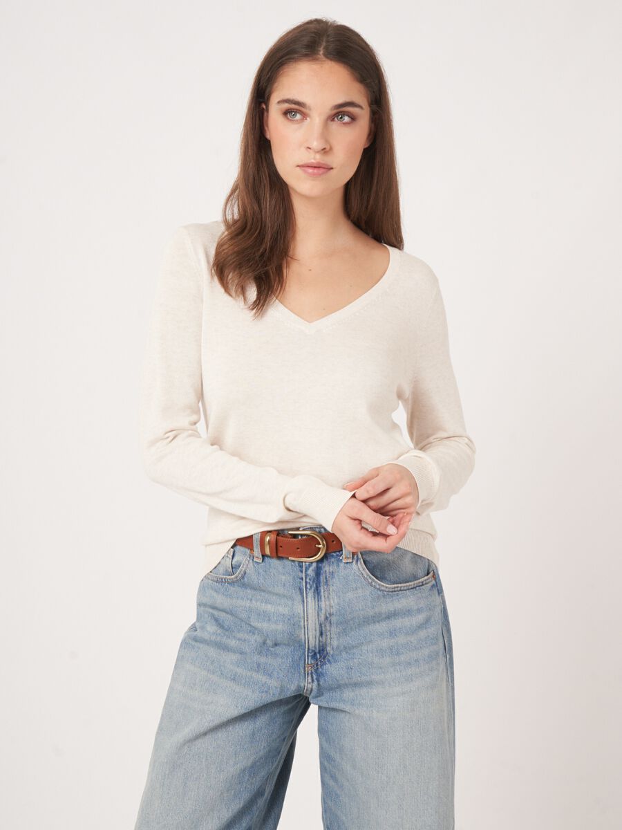 Repeat Cashmere Basic Fijngebreide V-hals Trui In Katoenmix