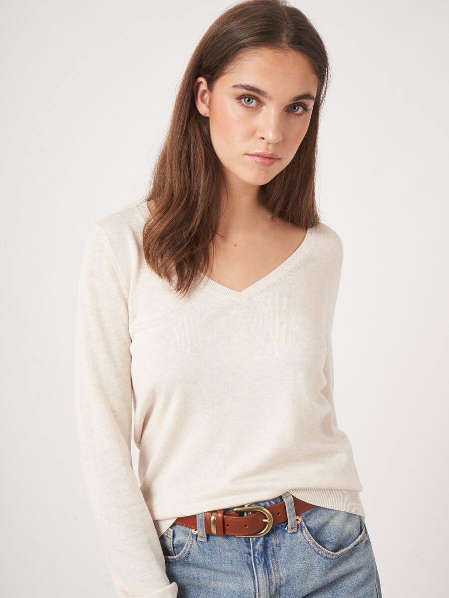 Repeat Cashmere Basic Fijngebreide V-hals Trui In Katoenmix