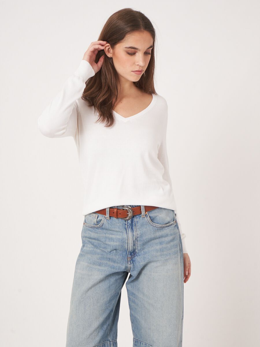 Repeat Cashmere Basic Fijngebreide V-hals Trui In Katoenmix