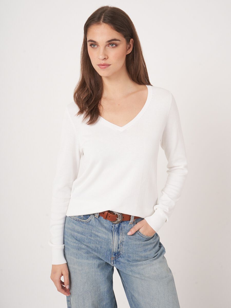 Repeat Cashmere Basic Fijngebreide V-hals Trui In Katoenmix