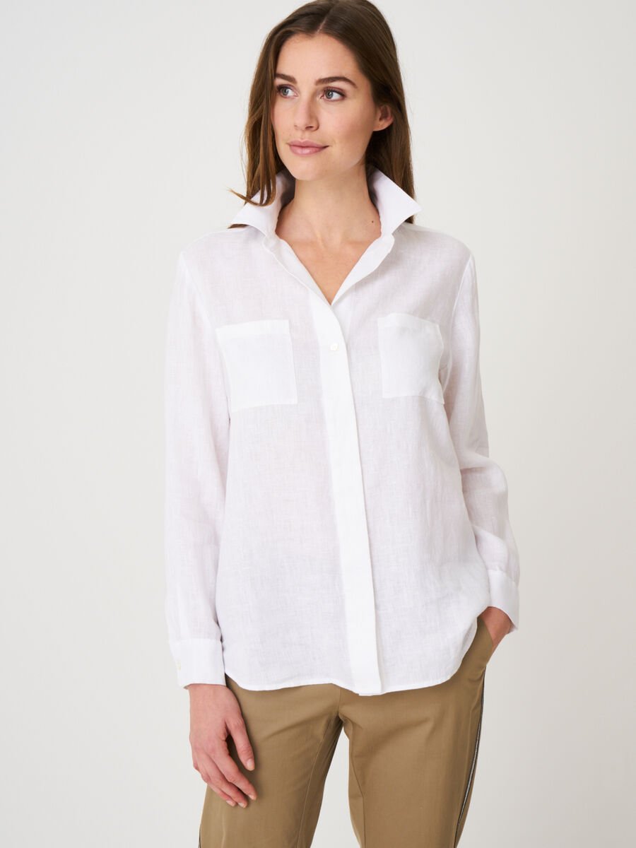 repeat cashmere Basic linnen blouse met borstzakken