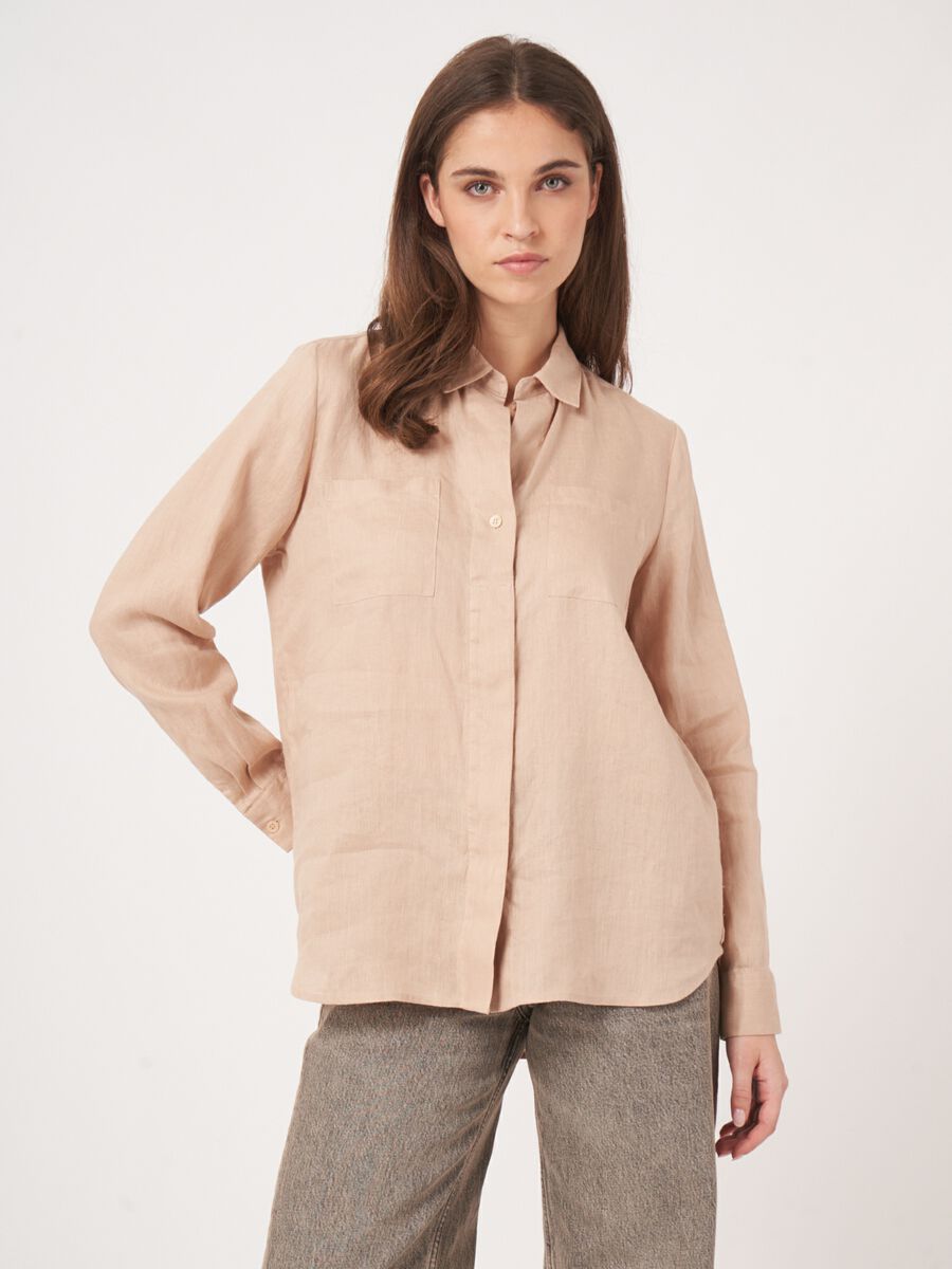 repeat cashmere Basic linnen blouse met borstzakken