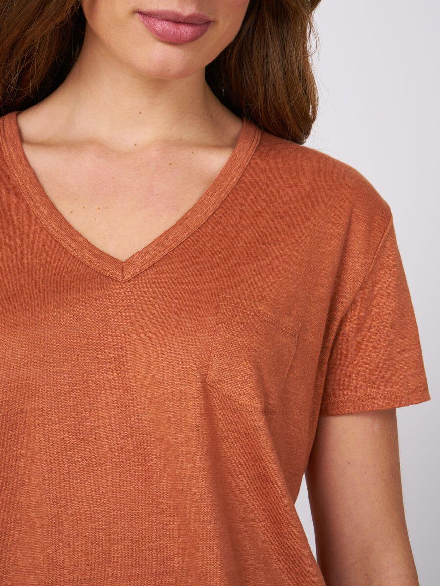 Repeat Cashmere Basic Puur Linnen V-hals T-shirt Met Borstzakje
