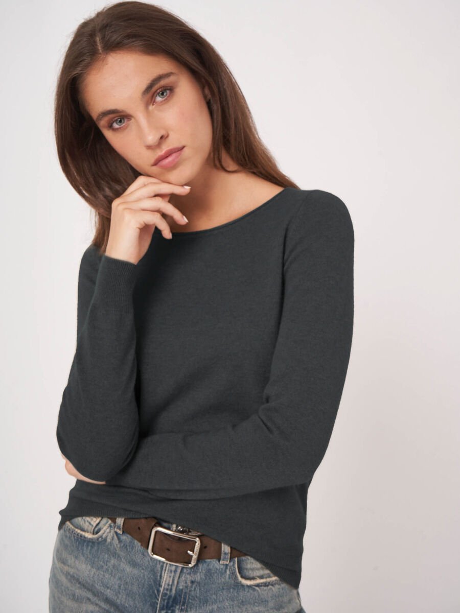 repeat cashmere Basic trui met boothals van cashmere wolmix