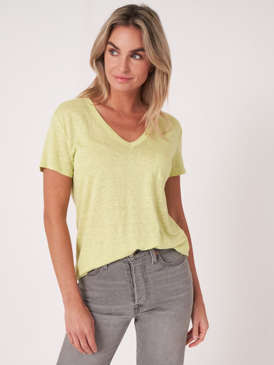 repeat cashmere Basic zuiver linnen V-hals T-shirt met borstzakje