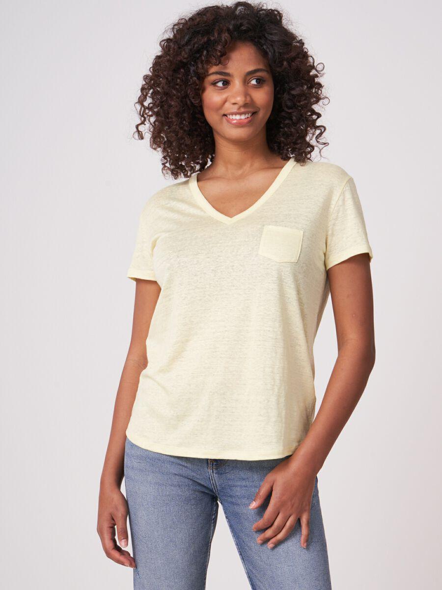 repeat cashmere Basic zuiver linnen V-hals T-shirt met borstzakje