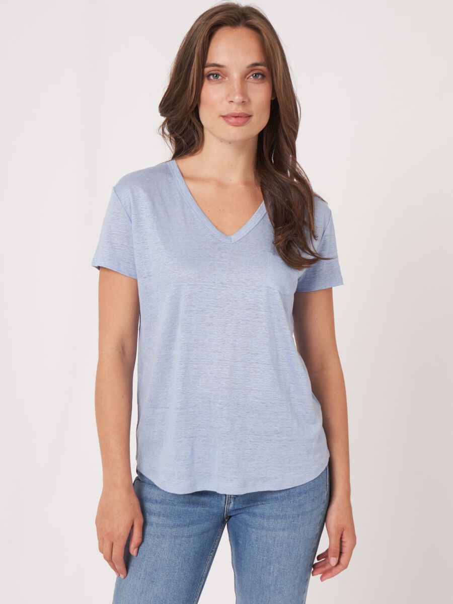 repeat cashmere Basic zuiver linnen V-hals T-shirt met borstzakje