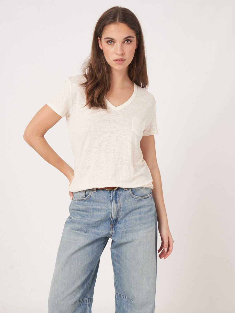 repeat cashmere Basic zuiver linnen V-hals T-shirt met borstzakje