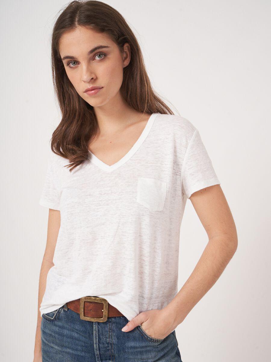 repeat cashmere Basic zuiver linnen V-hals T-shirt met borstzakje